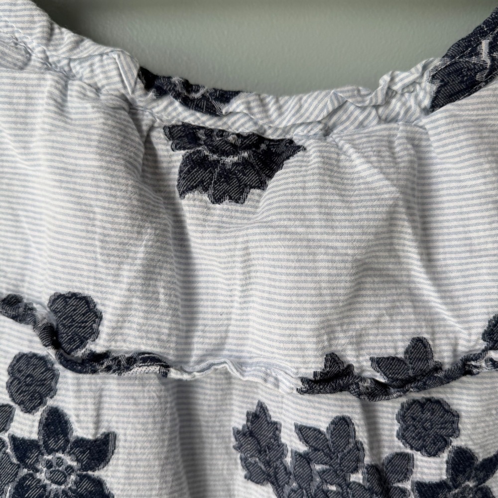 J. Jill Ruffled Neckline Top Blue Stripe Floral Embroidery 100% Cotton MP Petite - Picture 5 of 10